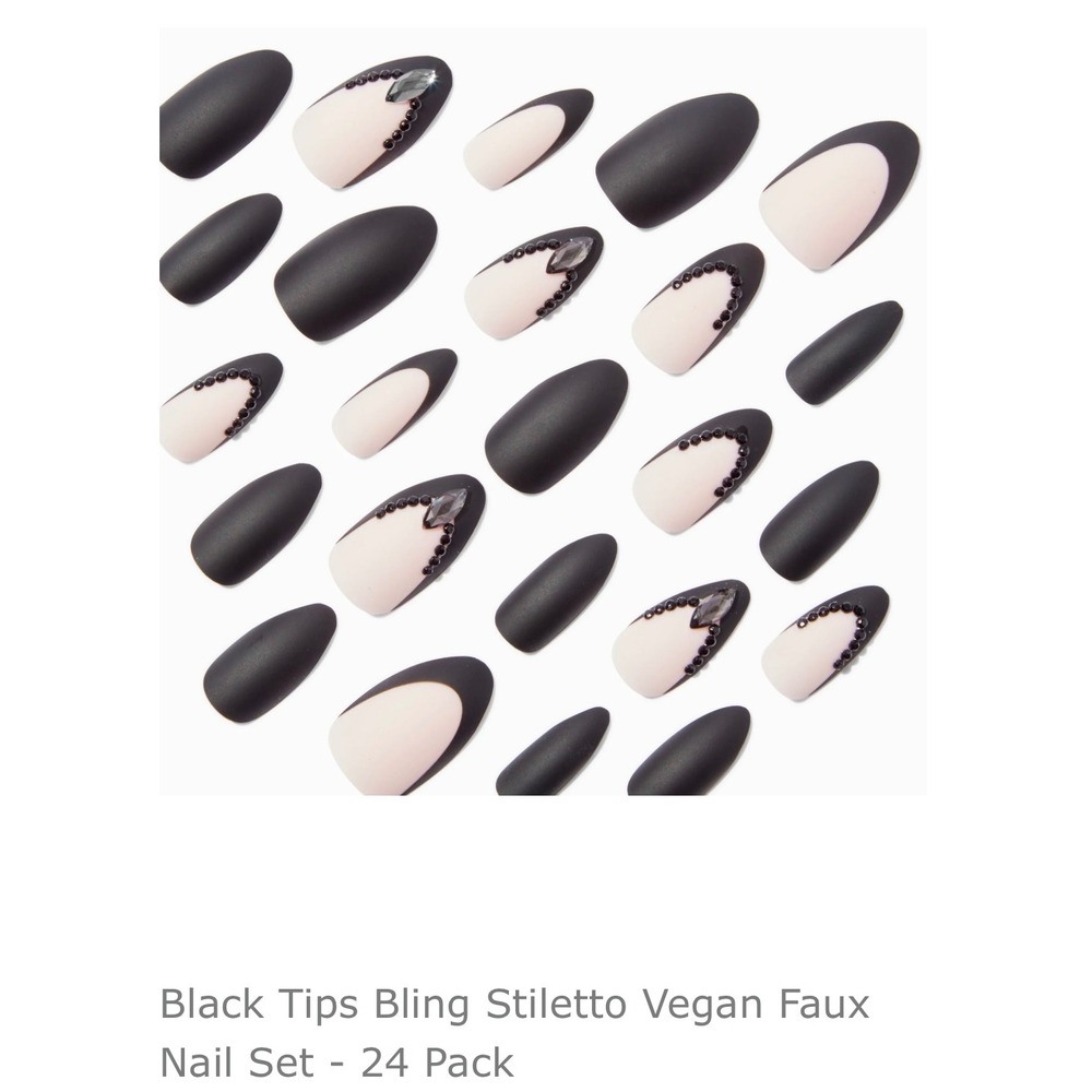 Black Tips Bling Stiletto Vegan Faux Nail Set - 24 Pack‎ False Nails
